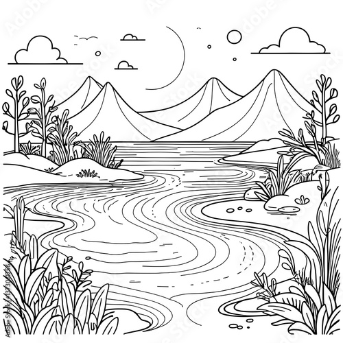 River landscape coloring page line art with moon, black and white, representing wilderness night scene drawing