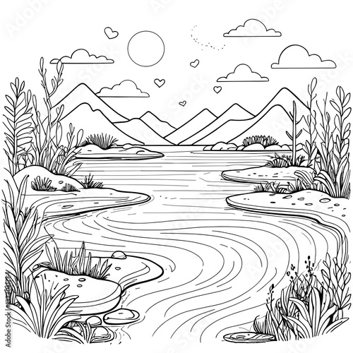 River landscape coloring page line art, black and white, representing romantic nature scene drawing