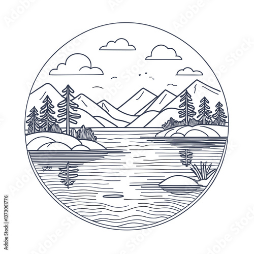 Lake landscape line art illustration in circle frame, black and white, representing scenic wilderness badge design