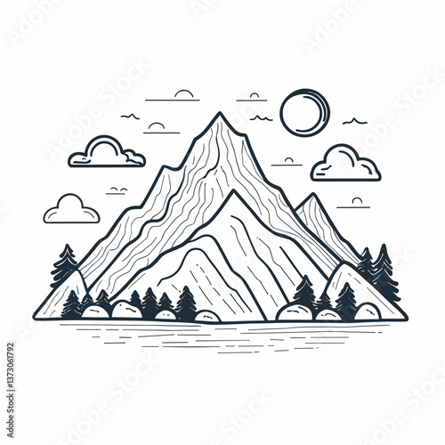 Mountain forest landscape line art, black and white, representing minimalist nature wilderness logo design