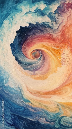 Abstract swirling pattern of colors including blue orange yellow and