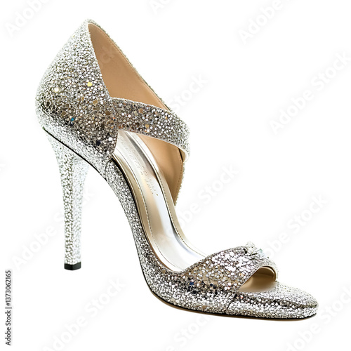 Glamorous Silver Peep Toe Heels with Sparkling Glitter Isolated on Transparent Background