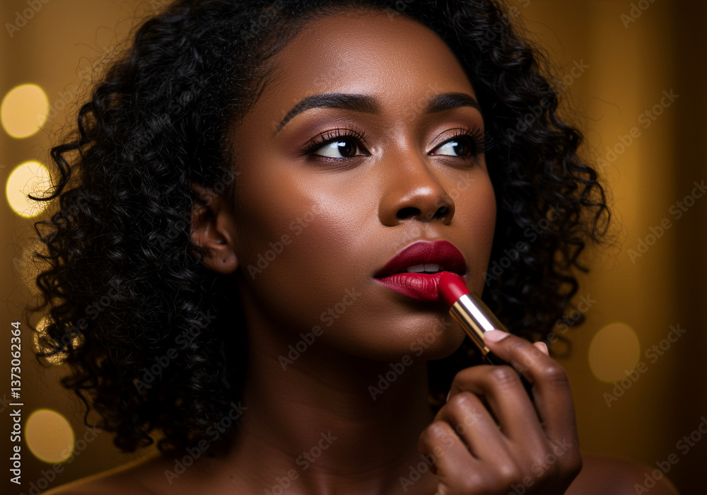 Woman with dark skin applying red lipstick for beauty makeup with curly hair and glowing skin for beauty shoot Woman with dark skin applying red lipstick for beauty makeup with curly hair and glowing skin for beauty shoot