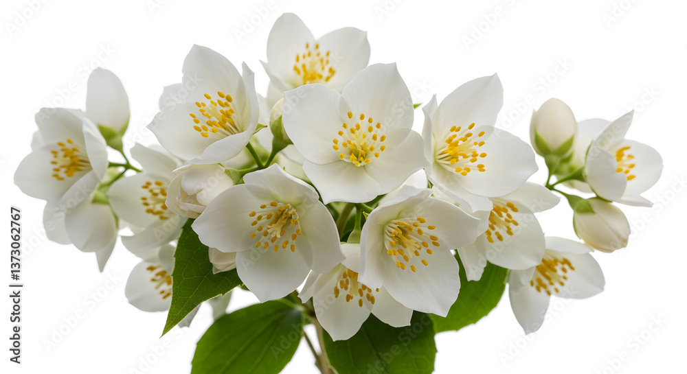 Obraz premium Delicate jasmine blossoms against a pristine white background, close up view