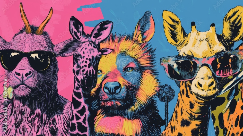 Naklejka premium Colorful painting of three animals wearing sunglasses against a vibrant
