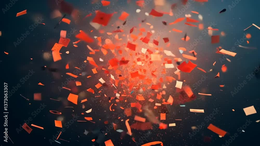 Abstract explosion of colorful fragments creating dynamic motion in a dark background