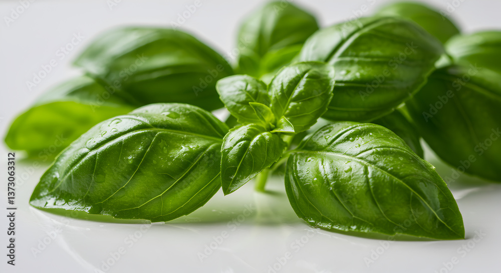 Obraz premium Fresh green basil leaves glistening with droplets against a white background