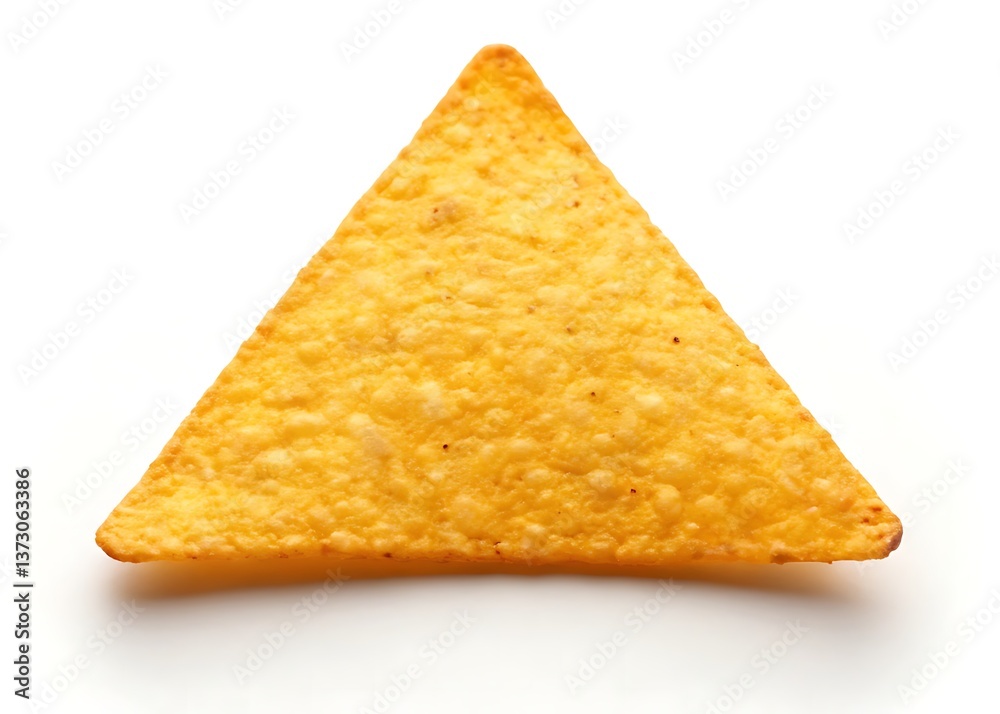 Fototapeta premium A single, perfectly crisp tortilla chip, golden and inviting, ready for dipping, against a stark white background.