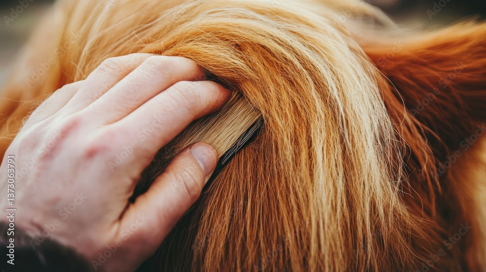 Obraz premium Hand Gently Combing the Thick Fur of a Golden Dog in a Warm and Natural Setting, Highlighting Care, Bonding, and Love Between Pet and Owner