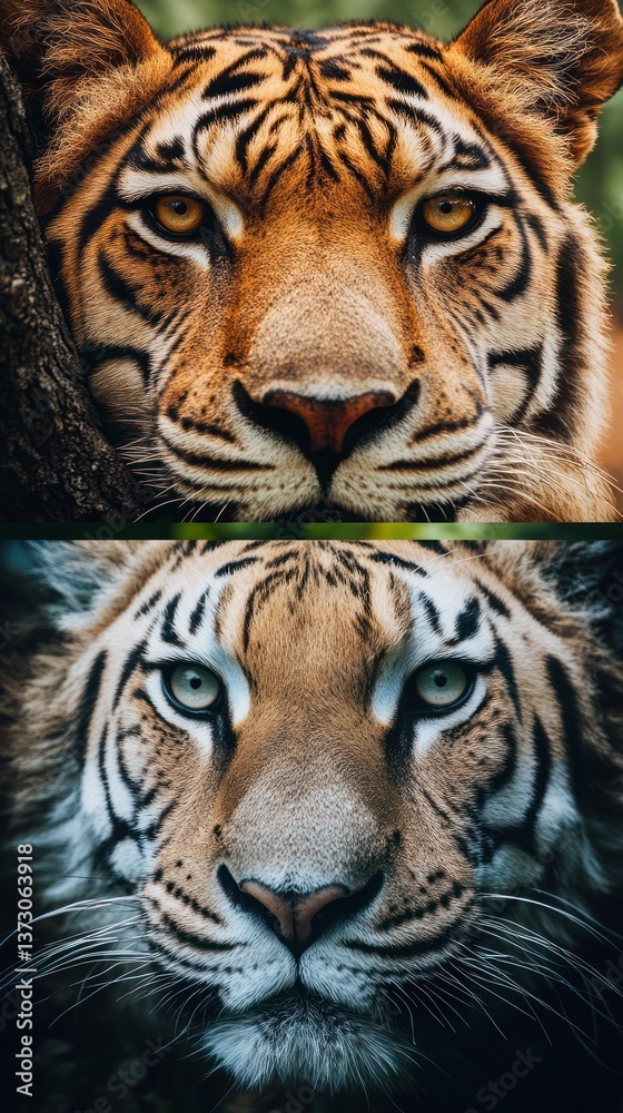 Fototapeta premium Two majestic tiger faces showcasing beautiful features and intense expressions