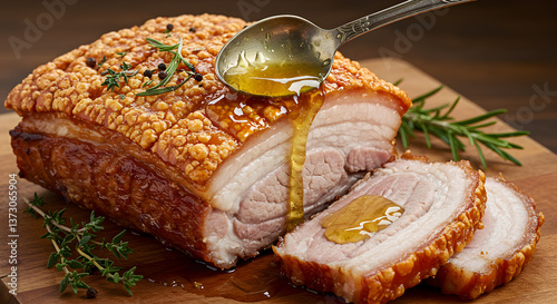 Delicious glazed pork belly with crispy skin and honey dripping from a spoon