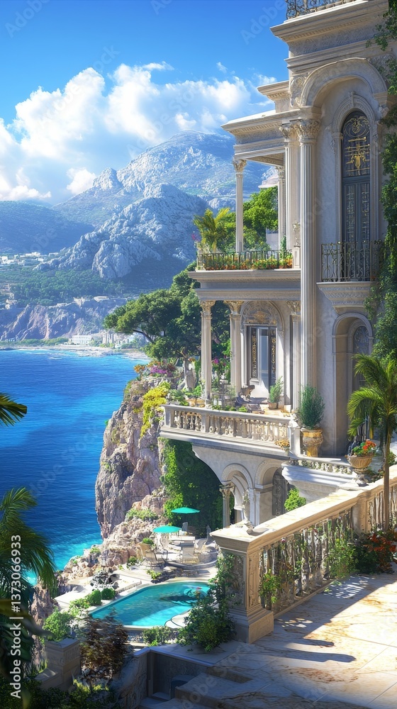 Obraz premium Luxury villa overlooking the sea with mountains in the background