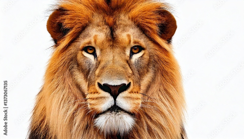 Obraz premium Lion's face in frontal view, isolated on pure white background
