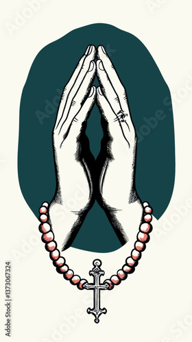 Praying Hands with Rosary Beads in Minimalist SVG Style for Christian Devotion