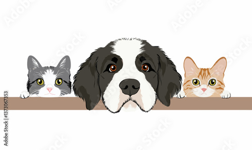 Peeking Saint Bernard Puppy with Two Cats in Minimalist Vector Style