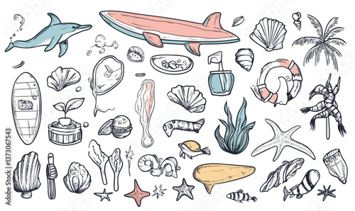 Hand-Drawn Summer Beach Vector Collection with Sea and Leisure Elements
