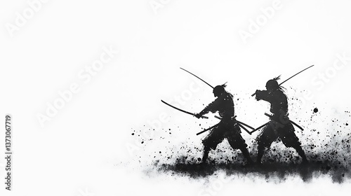 Two samurai warriors fighting with katanas in artistic black ink style