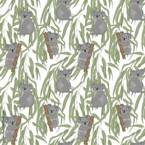 Photography seamless pattern with koalas in eucalyptus
