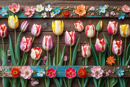 Colorful Tulip Flower Blooms on Rustic Wooden Background Spring and Summer Frame Design