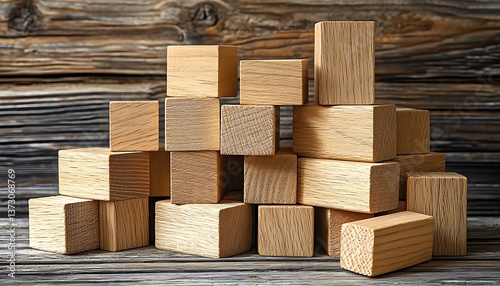 Wooden blocks arranged in a somewhat haphazard pile on a surface