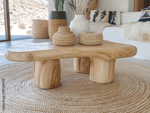A light wooden coffee table with decorative items displayed