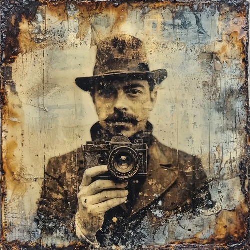 Vintage-style self-portrait of a man holding a camera, aged effect and artistic blur create a sense of timeless photographic exploration.
