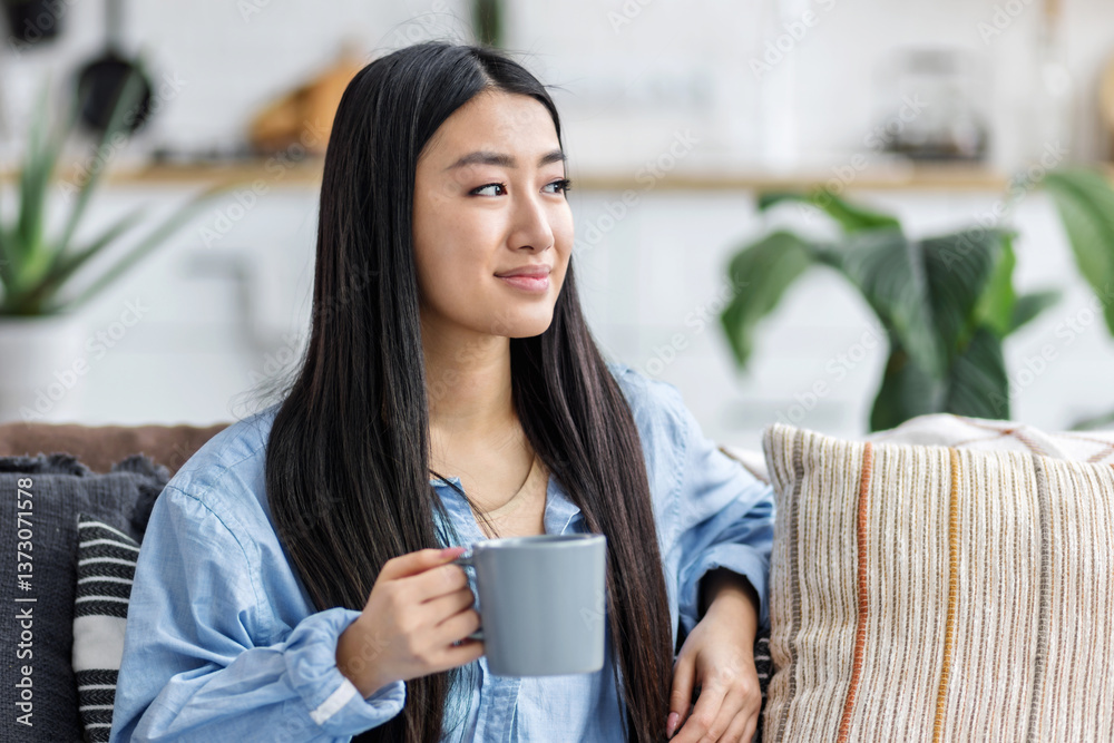 Asian woman relaxing with hot coffee mug