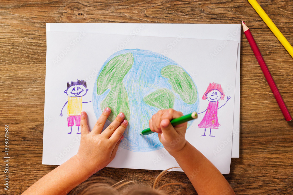 Child drawing Earth and happy people together