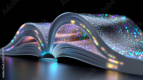 Holographic digital book with glowing AI-driven pages, futuristic cyberpunk concept, innovation, virtual intelligence, and modern technology.