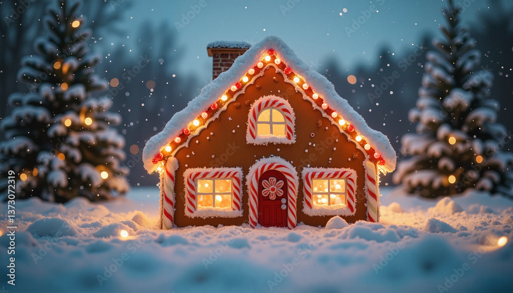 Naklejka premium Festive gingerbread house glowing in snow, winter wonderland