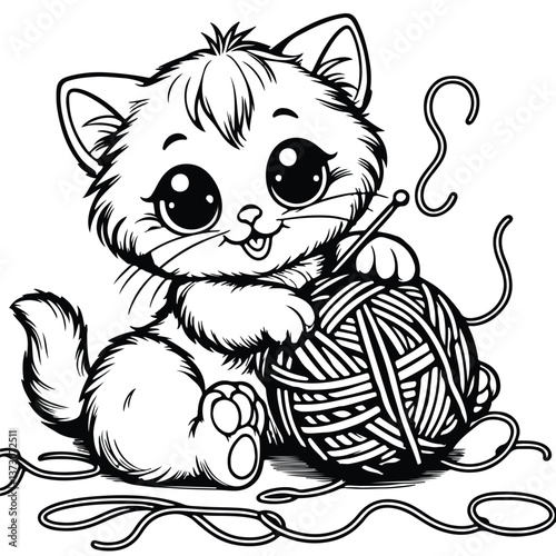 A cute cartoon vector illustration of a black feline pet sitting with a funny tail