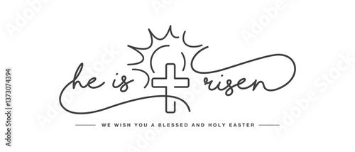 He is risen handwitten calligraphy typography with cross and sun line design on a white background. We wish you a blessed and holy Easter photo