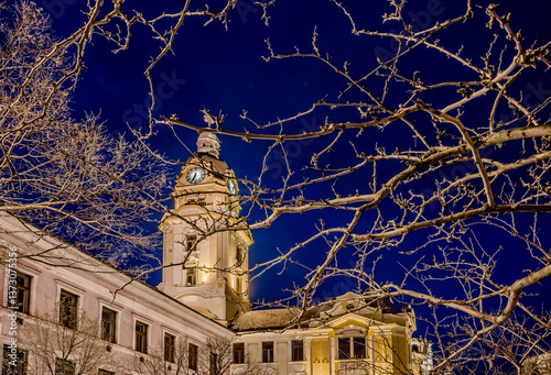 Night photo af a church in Széchenyi square, Pecs, Hungary