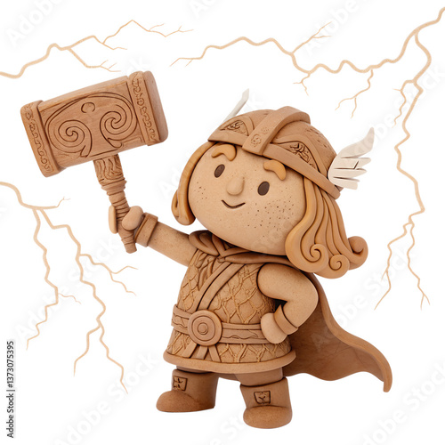 a clay Cute, A Norse god holding a hammer, surrounded by thunder, isolated on a transparent background photo
