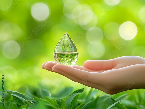 A Hand Holding a Transparent Water Drop against Greenery