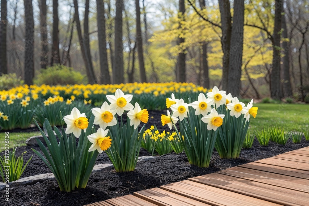 Fototapeta premium Vibrant Spring Garden with Golden Daffodils and Elegant Deck Surrounded by Nature