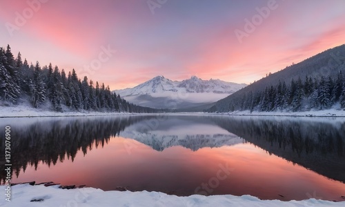 Snow-capped mountains with pine trees lined up, while dawn illuminates the horizon with soft shades of pink and blue, creating a peaceful contrast in the landscape.