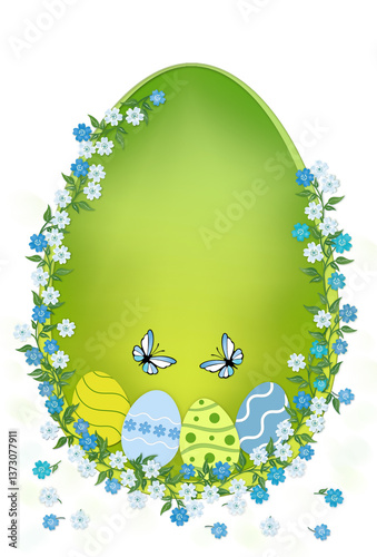  Easter egg greeting or invitation  card template with egg shape frame decorated forget- me- not flowers on white background.
