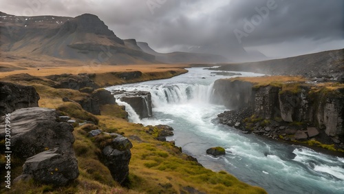 Iceland scenic landscape waterfall river mountains travel destination tourism