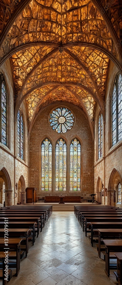 Obraz premium Serene chapel, stained glass, ornate ceiling, wooden pews.