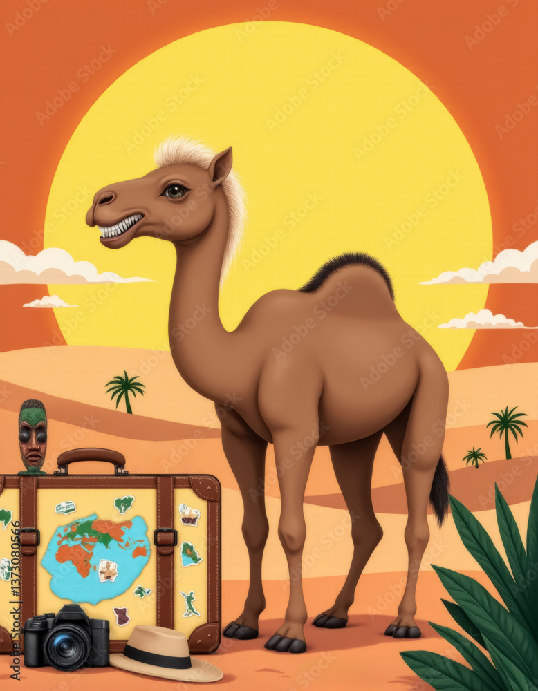 Fototapeta premium camel standing with travel bags and souvenirs against desert landscape, conceptual travel poster