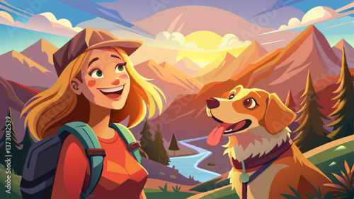 joyful woman traveler with dog at scenic mountain viewpoint warm morning light breathtaking landscape candid moment of companionship and exploration