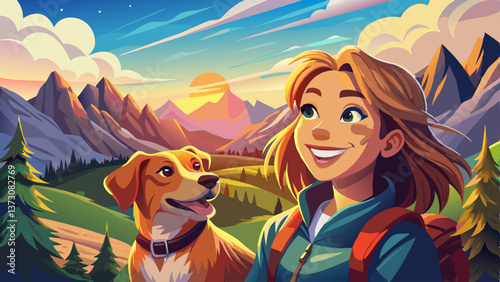 joyful woman traveler with dog at scenic mountain viewpoint warm morning light breathtaking landscape candid moment of companionship and exploration