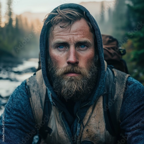 Portrait of a rugged bearded man with a weathered look crouching in a misty forest setting. Wearing a hoodie and vest, his expression conveys toughness and survival spirit.