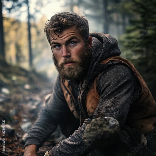Portrait of a rugged bearded man with a weathered look crouching in a misty forest setting. Wearing a hoodie and vest, his expression conveys toughness and survival spirit.