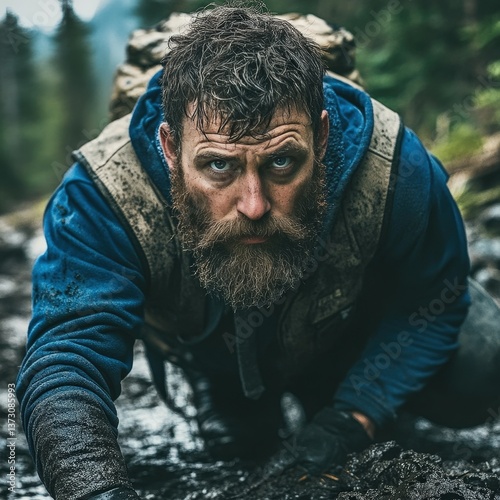 Portrait of a rugged bearded man with a weathered look crouching in a misty forest setting. Wearing a hoodie and vest, his expression conveys toughness and survival spirit.