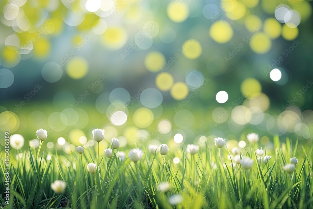 Obraz premium Vibrant Spring Garden Background with Lush Green Grass and Soft Blurred Foliage Bokeh