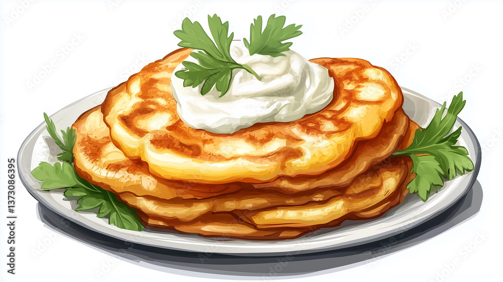 Potato pancakes with sour cream and herbs, illustrated in a watercolor style on a white background.
Potato pancakes with sour cream and herbs, illustrated in a watercolor style on a white background.