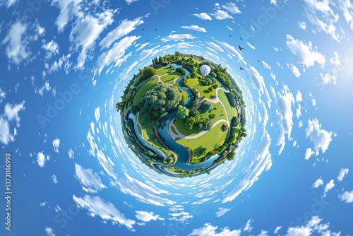 Creative tiny planet landscape with a lush green park, winding river, and a hot air balloon in a vivid blue sky filled with scattered clouds. Ai generative