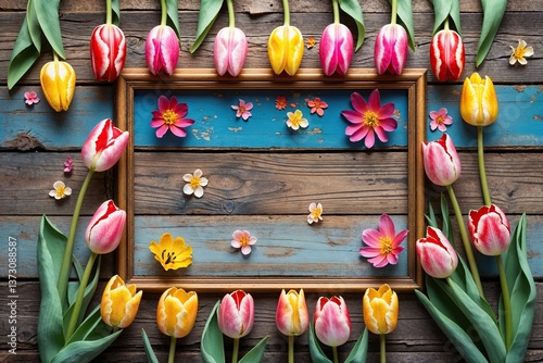 Vibrant Tulip Blossom Floral Design on Rustic Wooden Background for Spring and Summer Decor Frame